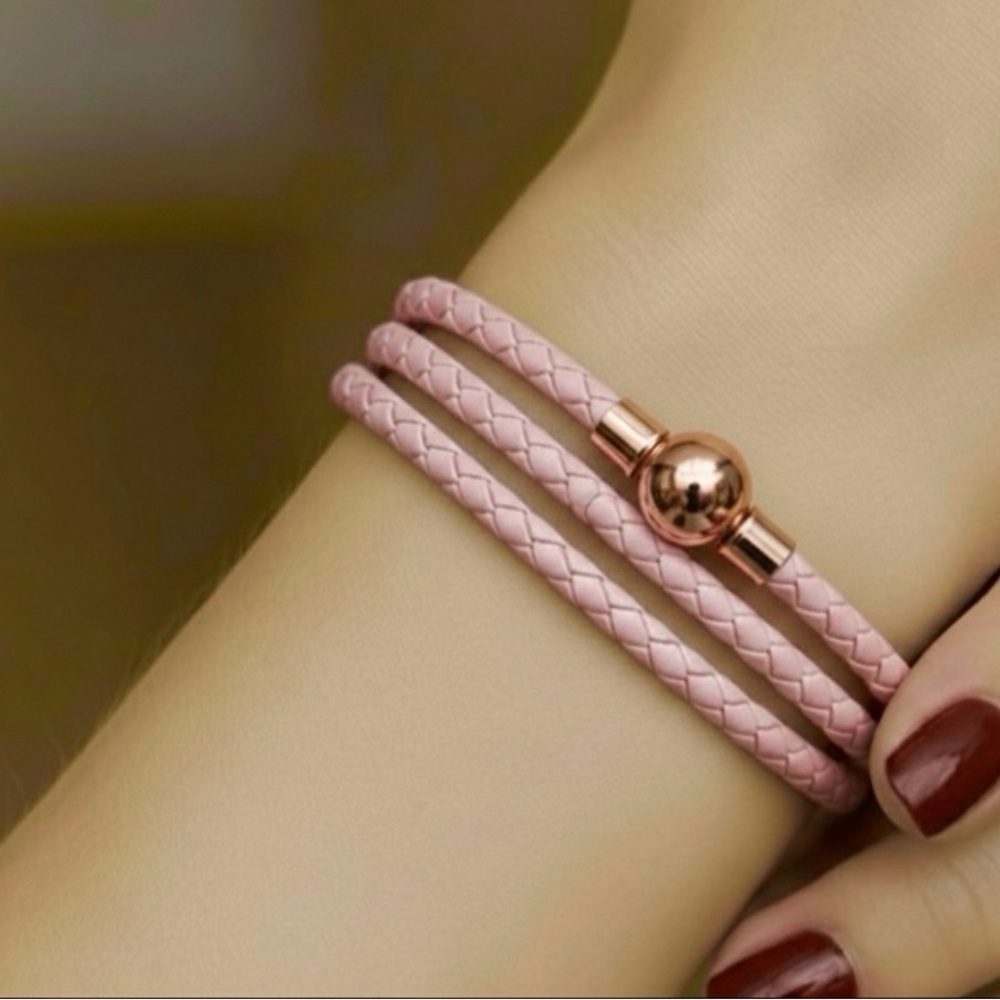 Linx Triple Pink Leather Braided Cord Bracelet with Rose Gold Magnetic Clasp